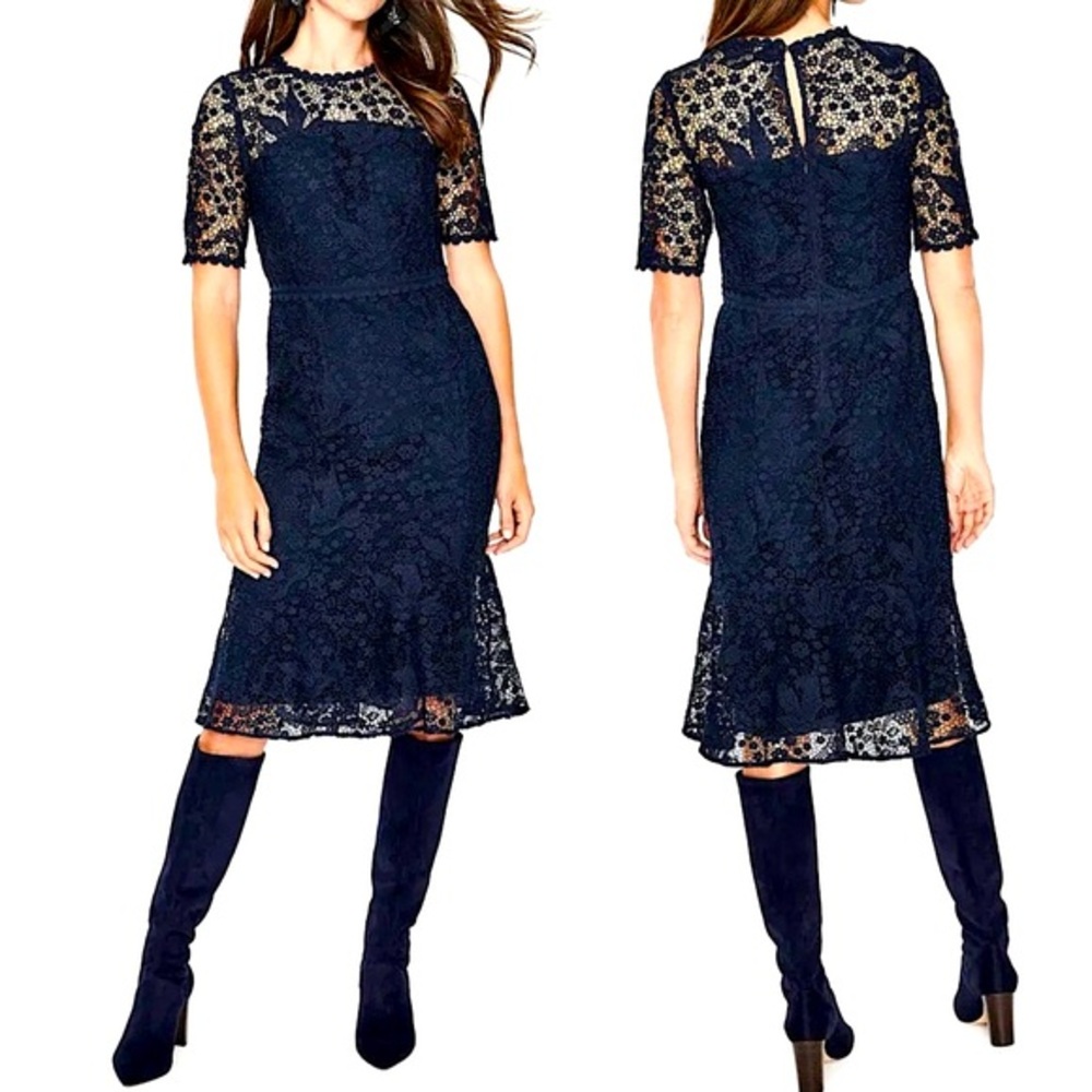 NWT Boden Bryony Floral Lace Midi Short Sleeve Dress Navy Blue Cocktail  2 R